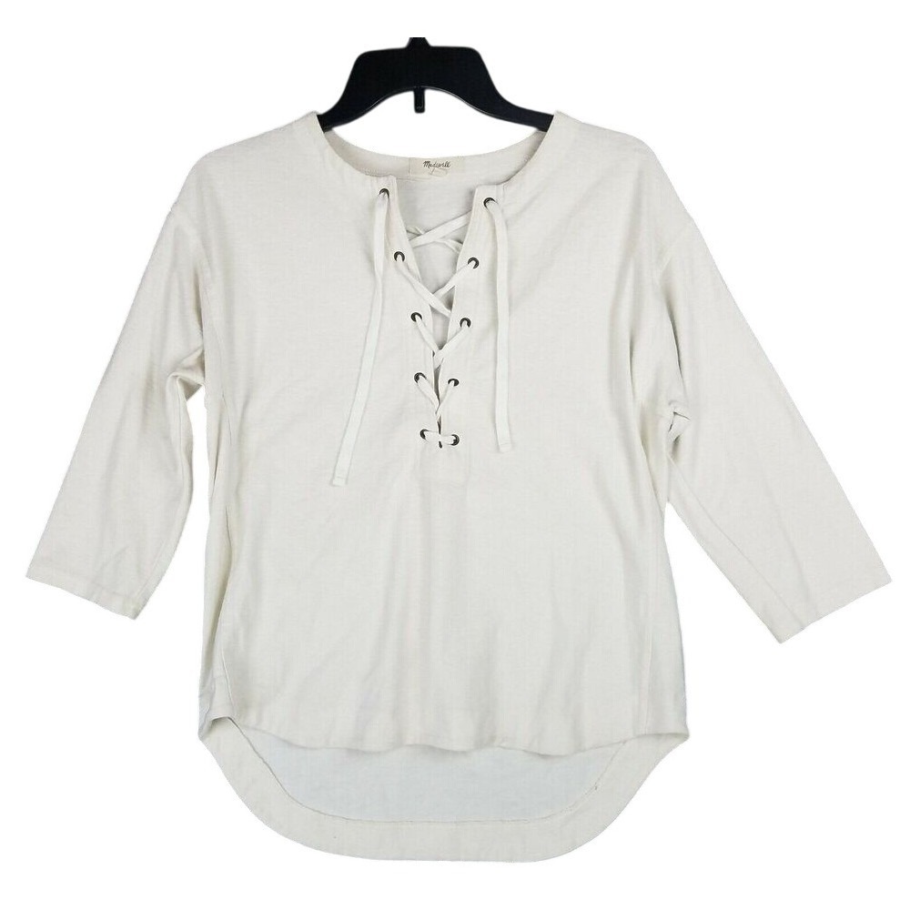 Madewell Lace Up Peasant Top XS‎ Tie Front 3/4 Sleeve Longtail Boho Cottagecore